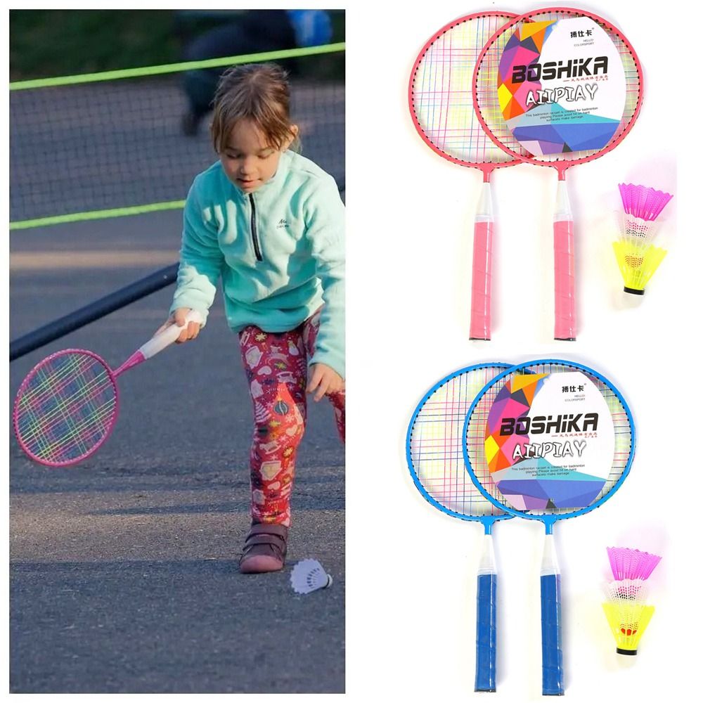 Badminton Raket - ไม้แบดมินตันน้ำหนักเบาสำหรับเด็กชุดไม้แร็กเก็ตสองชั้นของเล่นสำหรับครอบครัวทำจากเหล็กอัลลอยพร้อมอุปกรณ์กีฬากระเป๋าหิ้ว